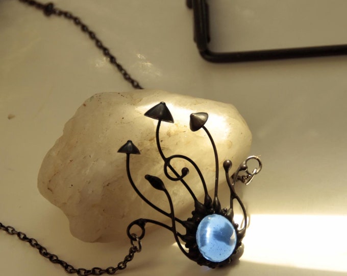 Magic mushrooms mystical forest necklace pendant with blue glass, inspired by nature stained glass fungi small pendant, forest witch jewelry