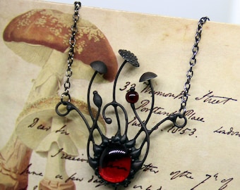 Fly Agaric Mushroom Pendant: Red Glass, Black Metal, Witchy Necklace