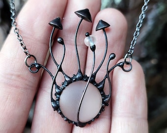 Boho hippie psychedelic necklace magic mushrooms pendant with clear mate glass, fungi nature botanical floral jewelry, unusal forest gift.
