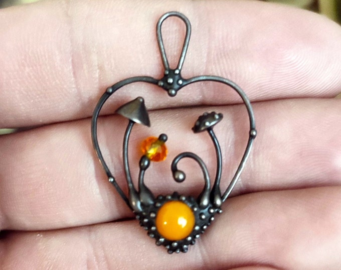 Handmade Fly Agaric Mushroom Necklace: Copper Heart Pendant with Orange Glass