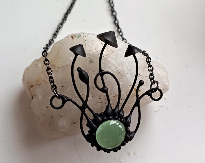 Witchy vibes boho necklace magic mushrooms pendant with green glass, mystical nature fungi jewelry, green suncatcher stained glass necklace.