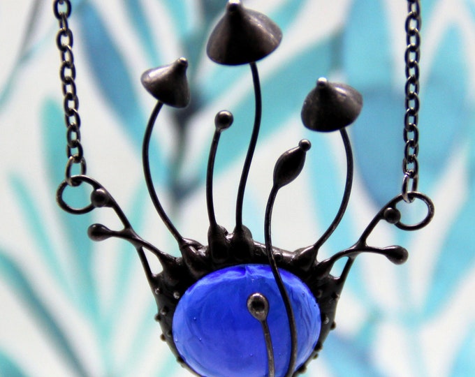 Mystical witchy magic mushroom jewelry necklace with blue glass, fairy forest pendant, psychedelic fungi, psylocibe fungus bohemian style.