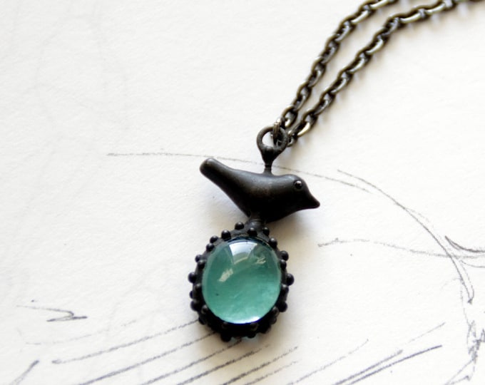 Metal birdie with blue glass nature inspired handmade necklace, gift for women black bird pendant, unusual and sturdy boho hippie necklace.