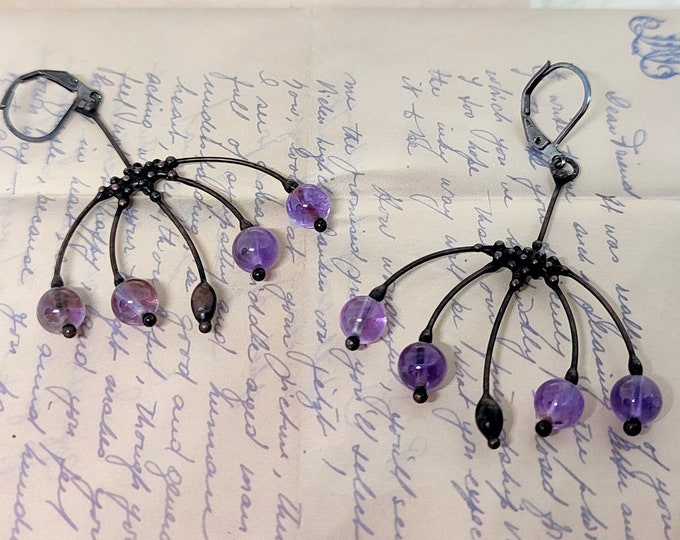 Handmade unusual earrings with purple glass, forest fairy woodland style earrings, boho hippie natural forest jewelry, hippie girl earrings
