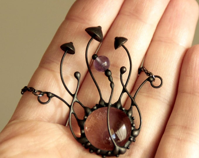 Magic woodland mushrooms handmade necklace pendant with amethyst stone, stained glass botanical fungi pendant, unique witchcraft jewelry.