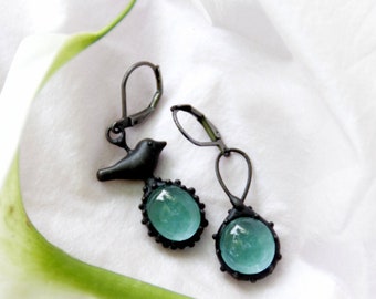 Asymmetrical earrings metal bird, woodland birdie earrings, boho blue glass earrings, boho minimalist earrings, forest hippie earrings.