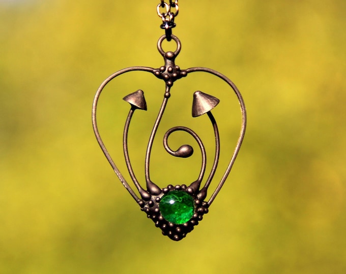 Handmade metal magic mushroom psylocibin fungi necklace pendant with green glass, psychedelic style mushroom jewelry, forest witch pendant