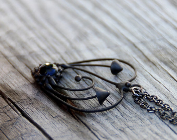 Boho hippie heart necklace magic mushrooms psylocibin pendant with blue glass, botanical floral fungi nature jewelry, unusual forest gift.