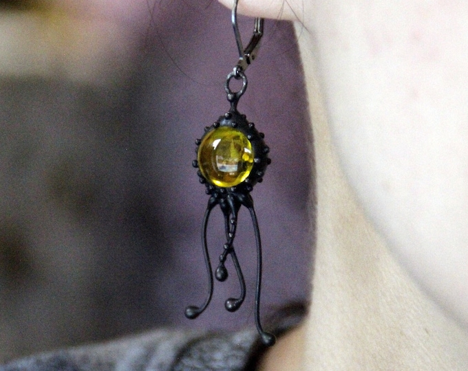 Stained Glass Jellyfish Mono Earring: Black & Yellow Ocean Jewelry