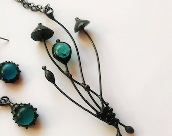 Magic mushrooms small necklace pendant, unusual floral forest design, cottagecore witchy vibe jewelry inspired by wild nature.