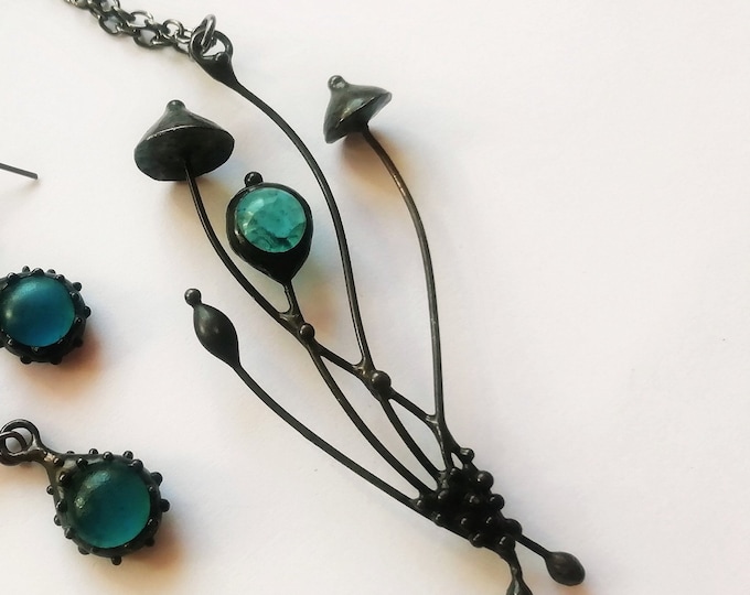 Magic mushrooms small necklace pendant, unusual floral forest design, cottagecore witchy vibe jewelry inspired by wild nature.