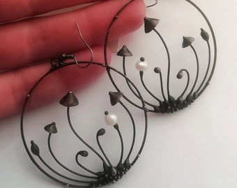 Mushroom Magic Hoop Earrings - Psychedelic Fungi Round Jewelry Forest Gift for Witchy Vibes