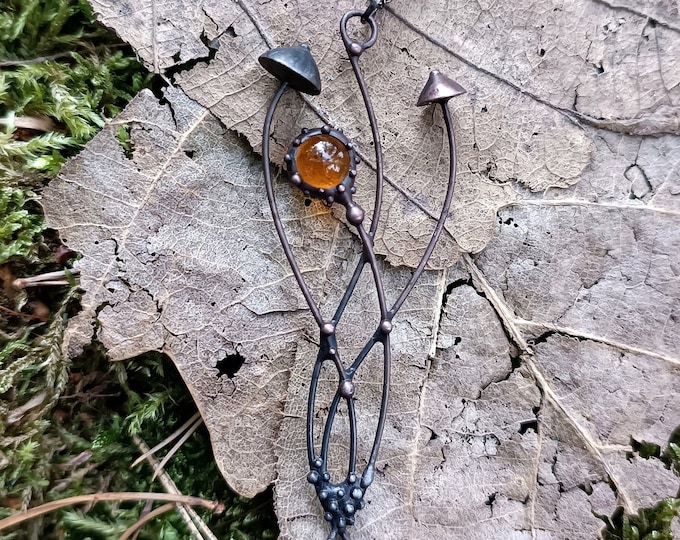 Brown Glass Mushroom Necklace, Blackened Copper and Pewter Forest Pendant, Botanical Wearable Art