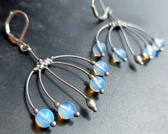 Boho Silver Branch Earrings with Blue Glass: Naturecore Jewelry
