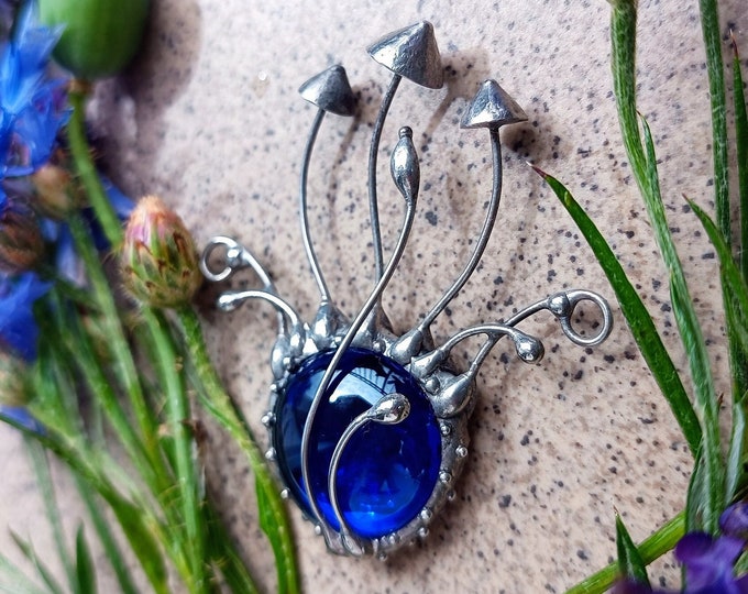 Handmade Mushroom Pendant Necklace: Blue Glass Boho Fungi Jewelry