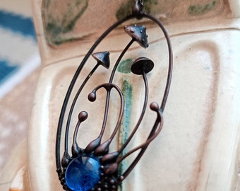 Handmade Botanical Hippie Necklace with Metal Magic Mushrooms and Blue Glass