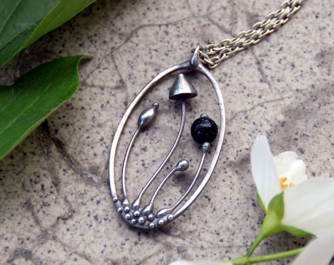 Boho magic mushroom silver color pendant with black stone, witch small necklace, hippie small pendant, psychedelic pendant, mushroom jewelry