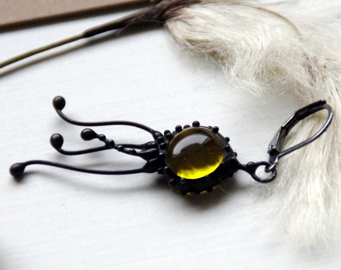 Ocean creatures black jellyfish octopus single one monoearring with yellow glass, unusual ocean jewellery, unique stained glass jewelry.