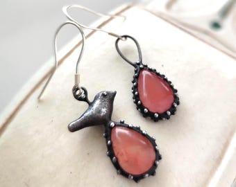 Asymmetrical Black Bird Earrings: Boho Watermelon Quartz, Forest Jewelry