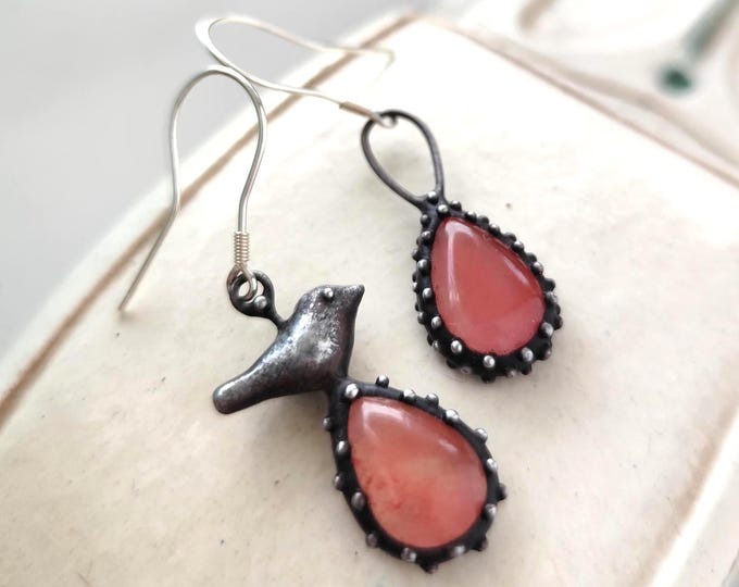 Asymmetrical Black Bird Earrings: Boho Watermelon Quartz, Forest Jewelry