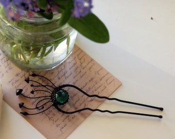 Witchcraft forest mushrooms handmade metal hair pin with green glass, inpired by nature woodland psychedelic jewelry, unusual forest gift.