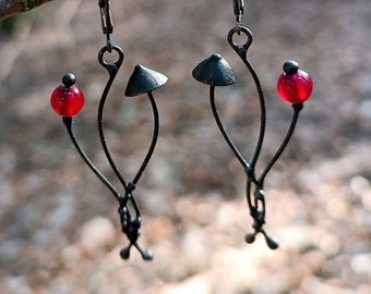 Mushroom Earrings: Copper Steel Pewter Glass