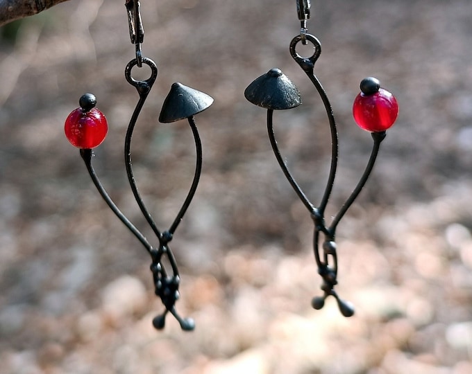 Magic mushrooms metal earrings handcrafted by Yadovito workshop inspired by forest, mushroomcore witchcraft aesthetic wild nature jewelry.