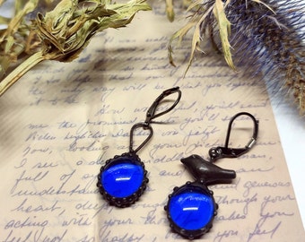 Blue glass boho wildnature earrings bird, asymmetrical bohemian, minimalist naturecore earrings, hippie style forest fairy jewelry