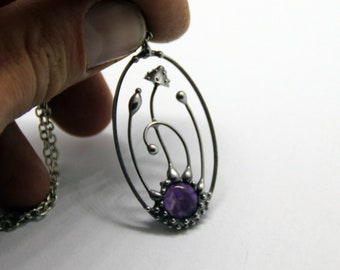 Amethyst Amanita Mushroom Necklace, Silver Tone Copper and Pewter Forest Wearable Art