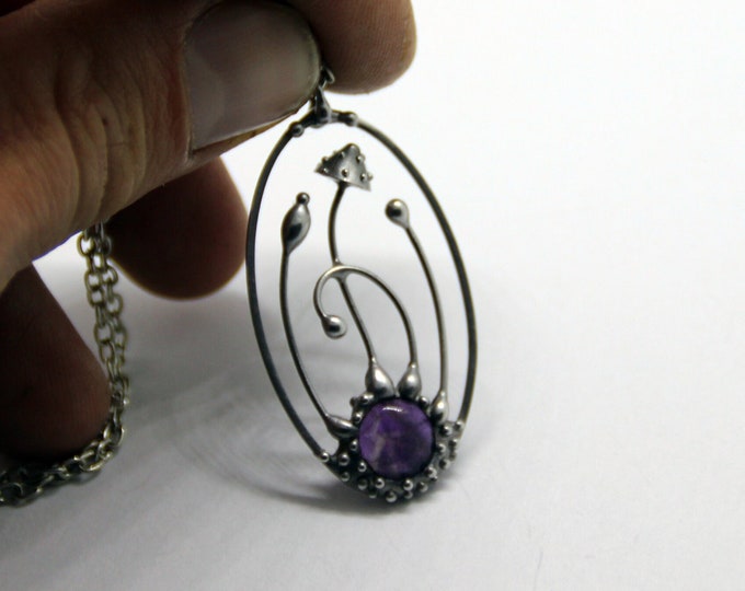 Amanita magic mushrooms handmade oval silver metal necklace with amethyst stone, stained glass art nouveau boho hippie fungi pendant.