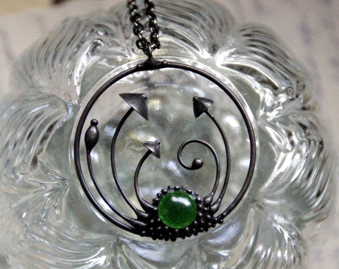 Stained glass magic mushrooms forest hoop statement pendant necklace with green glass, boho botanical handmade psychedelic nature gift.