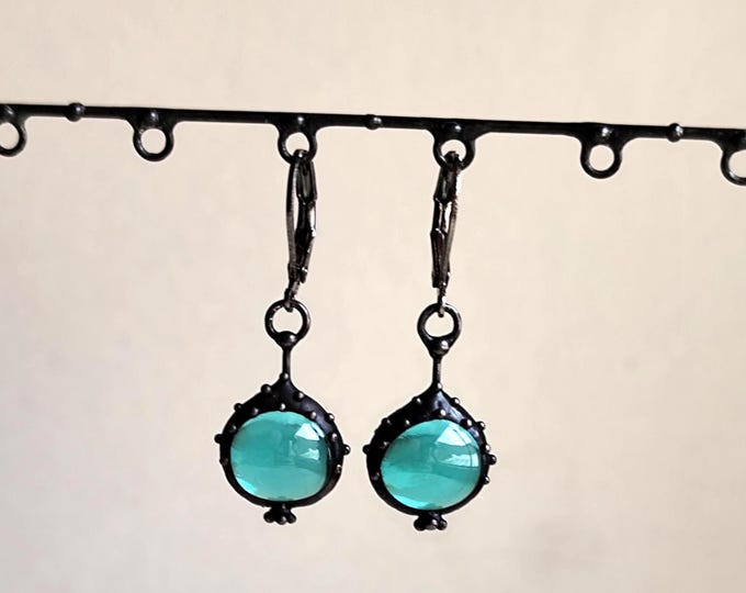 Blue Stained Glass Boho Earrings: Handmade Copper & Pewter Jewelry