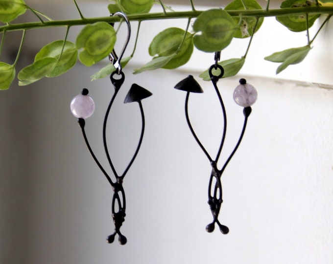 Handmade Magic Mushroom Earrings: Copper, Pewter & Rose Quartz