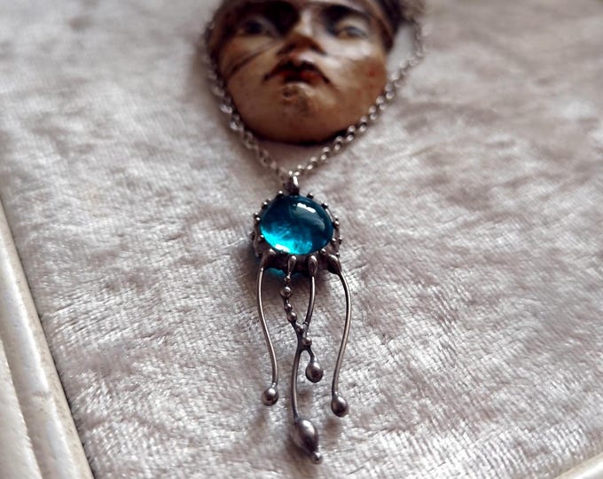 Ocean psychedelic creatures jellyfish stained glass necklace pendant with blue glass, unusual octopus suncatcher pendant sea lover gift.