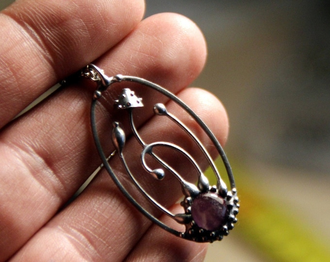 Amanita magic mushrooms handmade oval silver metal necklace with amethyst stone, stained glass art nouveau boho hippie fungi pendant.