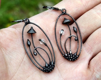 Metal oval earrings magic mushrooms, witchstyle earrings, psytrance earrings, fungi earrings, hippie jewelry, fungi psilocybe earrings.