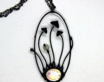 Botanical hippie boho mushrooms psylocibe necklace with clear glass, forest fungi pendant, goblincore dark forest jewelry inspired by nature