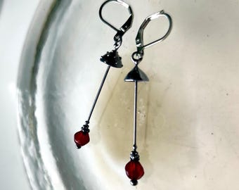 Asymmetrical Earrings Amanita Mushrooms: Copper, Steel & Red Agate,