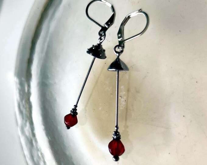 Asymmetrical Earrings Amanita Mushrooms: Copper, Steel & Red Agate,
