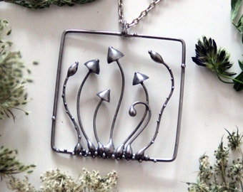 Handmade Forest Psylocibe Mushroom Metal Pendant - Nature Aesthetic Witch Jewelry