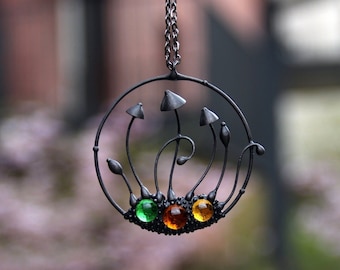 Unusual stained glass mushrooms boho hippie necklace pendant, fungi nature botanical floral jewelry with multicolored glass, aesthetic gift.
