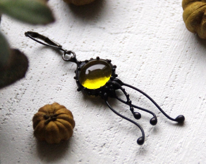 Ocean creatures black jellyfish octopus single one monoearring with yellow glass, unusual ocean jewellery, unique stained glass jewelry.
