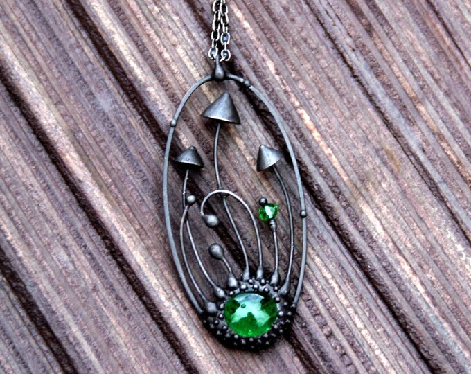 Handmade Mushroom Pendant Necklace: Green Glass Fungi Jewelry