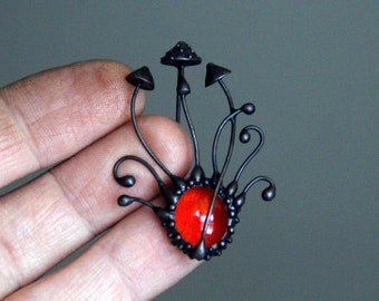 Art nouveau Stained glass amanita mushrooms brooch with red glass, botanical forest style psychedelic jewelry, unique wild nature gift.