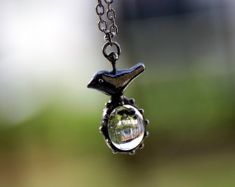 Handmade Bird Necklace: Copper, Pewter, Steel & Glass Pendant