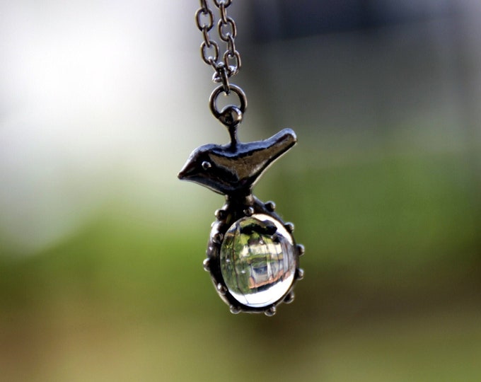 Metal bird with clear glass forest inspired handmade necklace, gift for women birdie pendant, unusual statement handcrafted boho necklace.