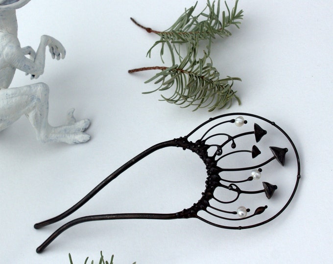 Mushroom Hair Pin: Patina Copper, Pewter & Pearl - Bohemian Witch Jewelry
