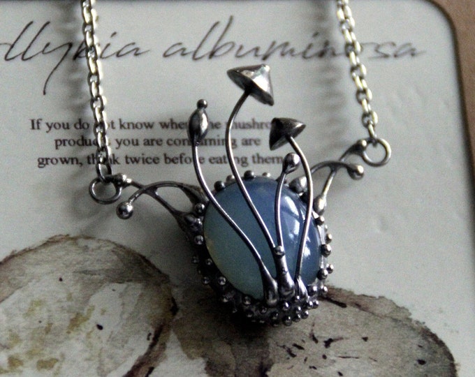 Magic mushrooms pendant necklace jewelry, floral boho botanical pendant with blue glass, forest hippie witch style fairy fashion clothes.
