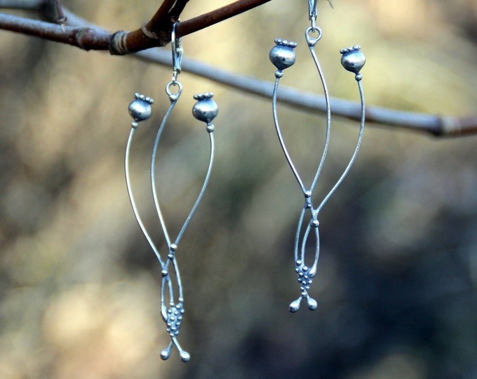 Silver Poppy Flower Earrings: Copper & Pewter, Boho Witch Jewelry