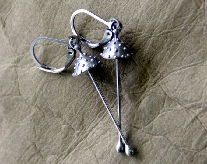 Amanita muscaria silver metal mushrooms earrings, psychedelic forest rave hippie jewelry, aesthetic boho design jewellery inspired by nature